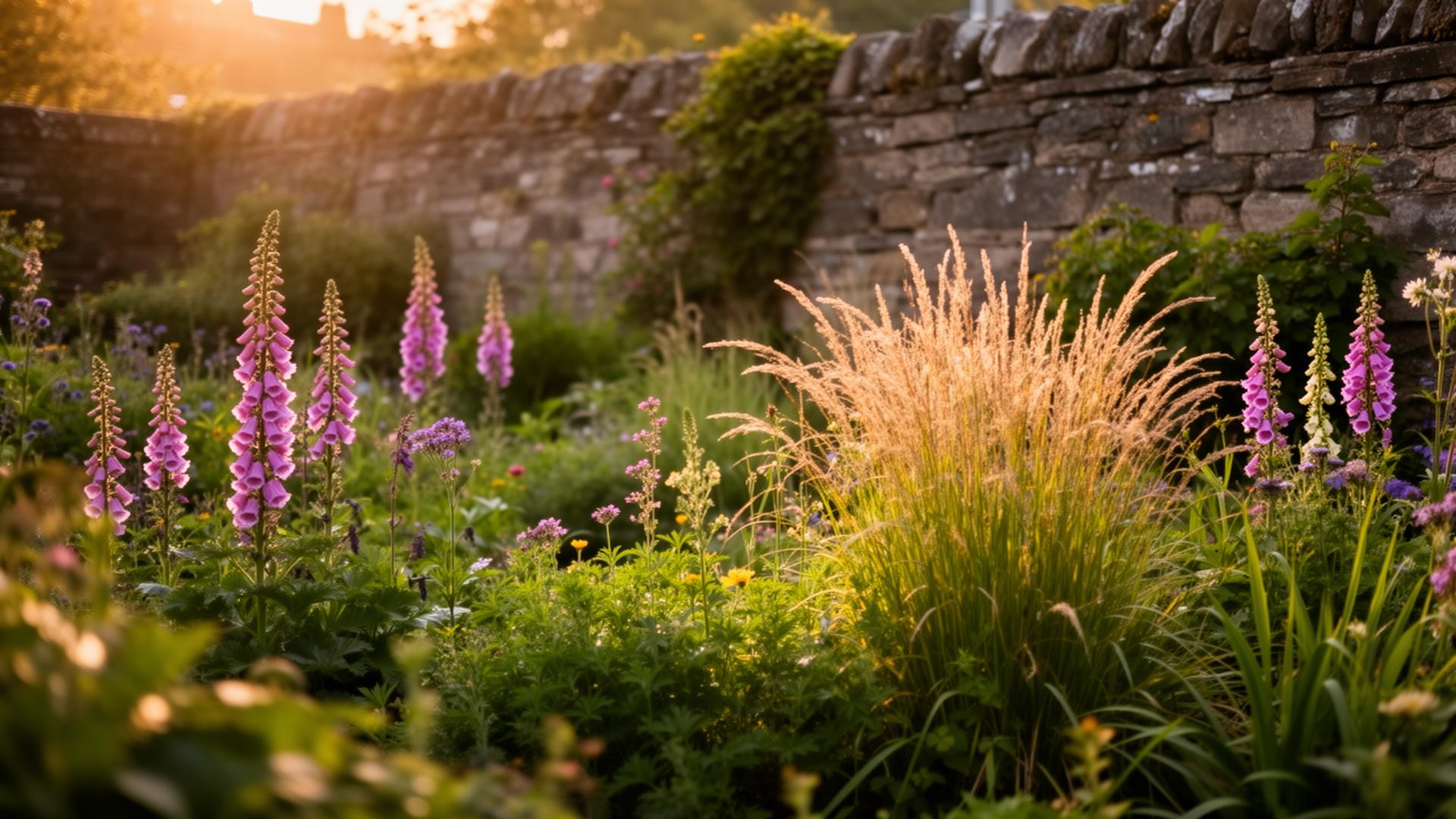A foxglove and ornamental grass border at golden hour in an Edinburgh walled garden